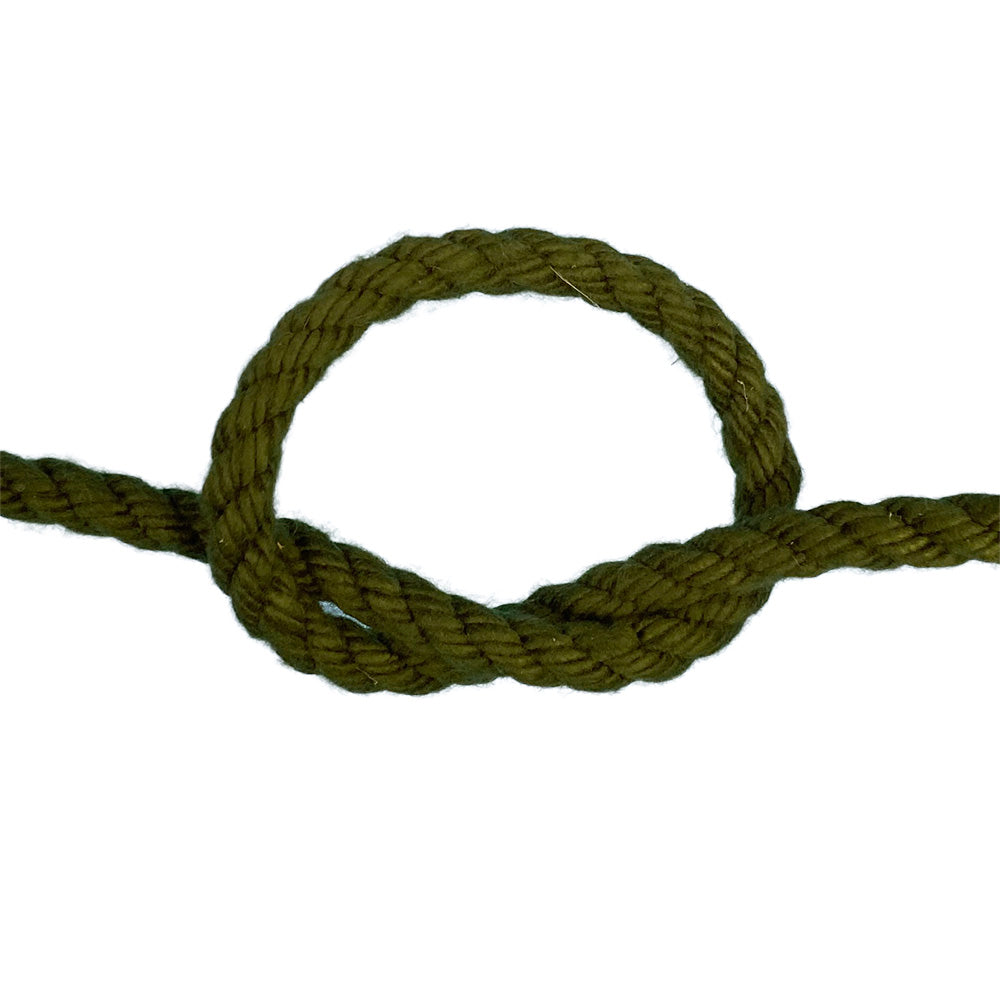 Olive green  polycotton rope with a knot on a white background