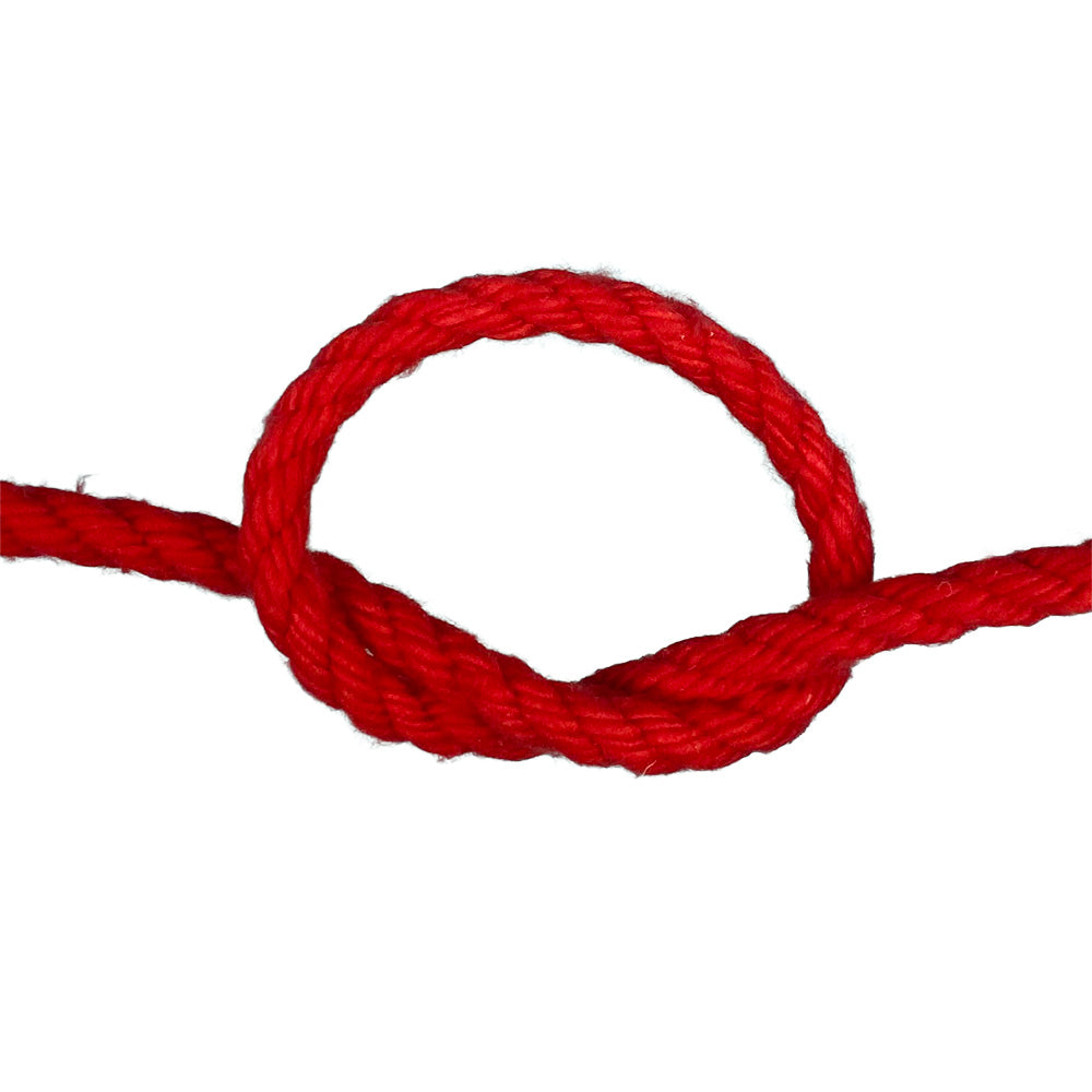 Red  polycotton rope with a knot on a white background