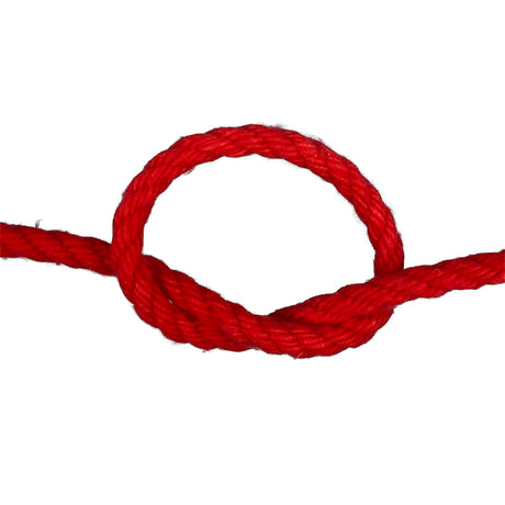 Red  polycotton rope with a knot on a white background