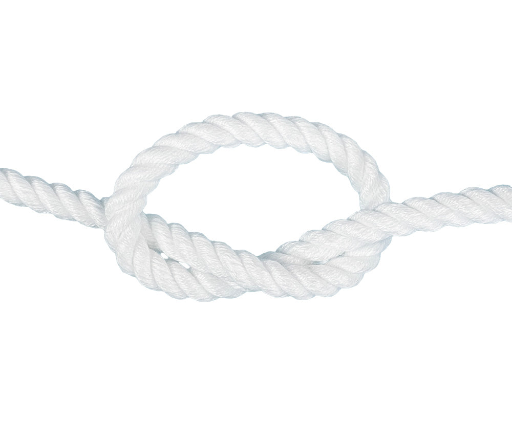 White polycotton rope in a knot on a white background