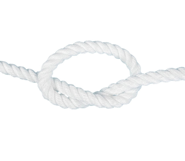 White polycotton rope in a knot on a white background
