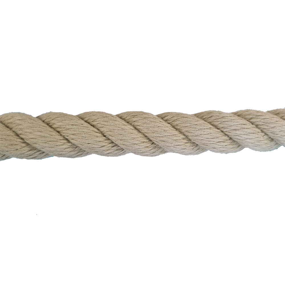 Close-up of beige 28mm polyhemp rope on a white background