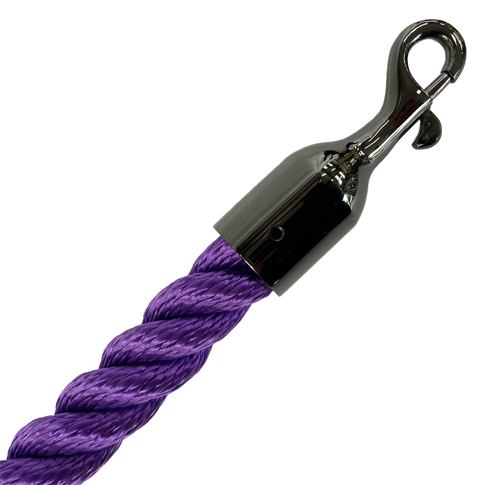 Purple rope with a metal clip on a white background
