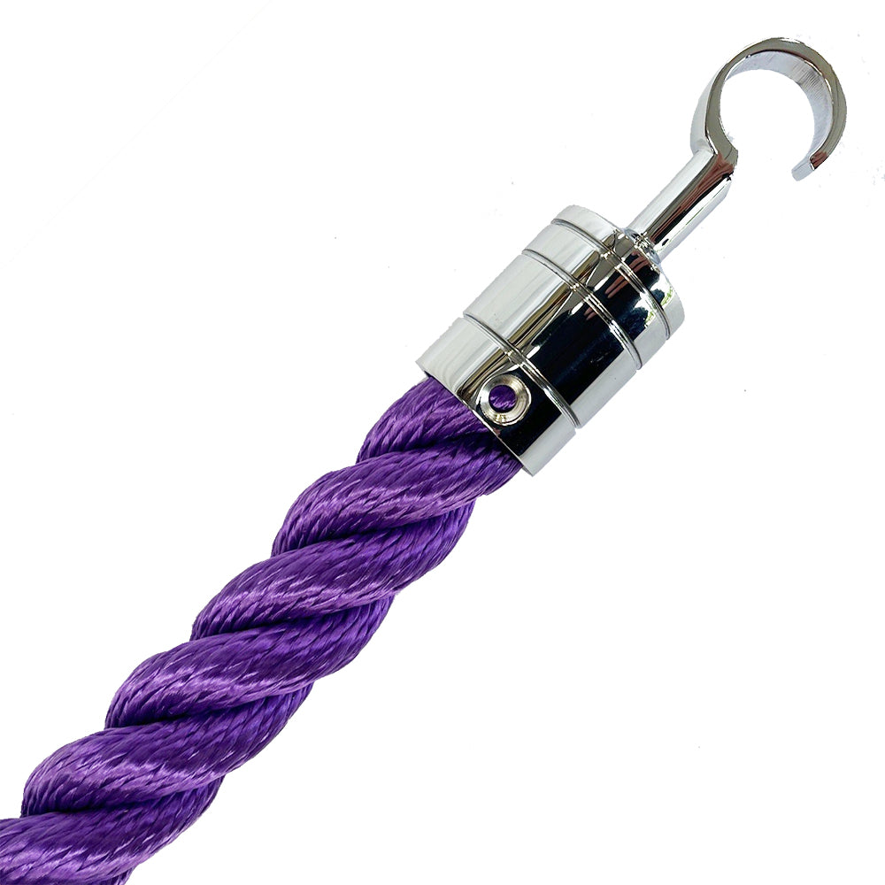 Purple rope with a silver metal hook on a white background