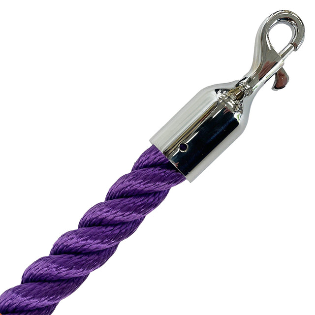 Purple rope with a silver metal clip on a white background
