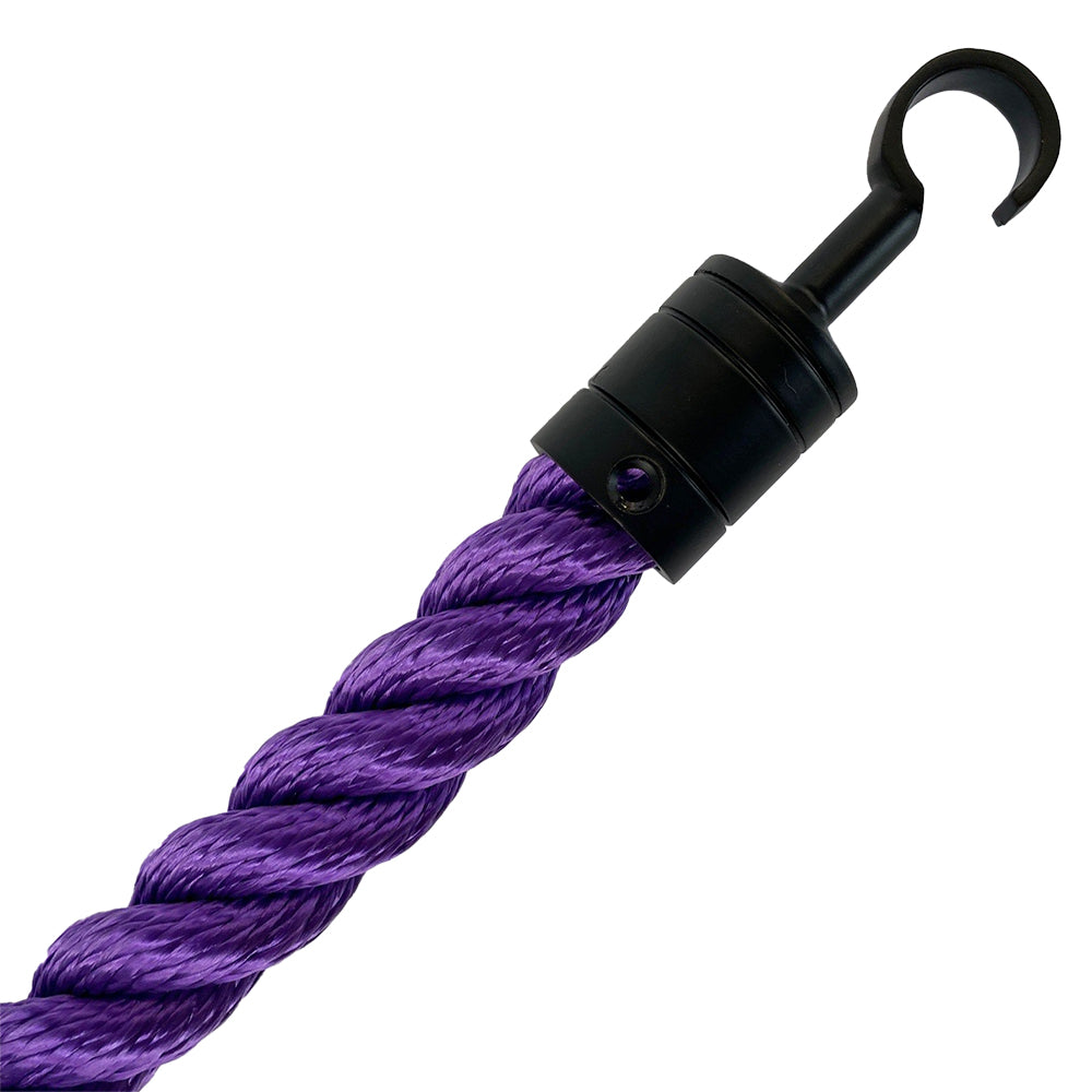 Purple rope with a black metal hook on a white background