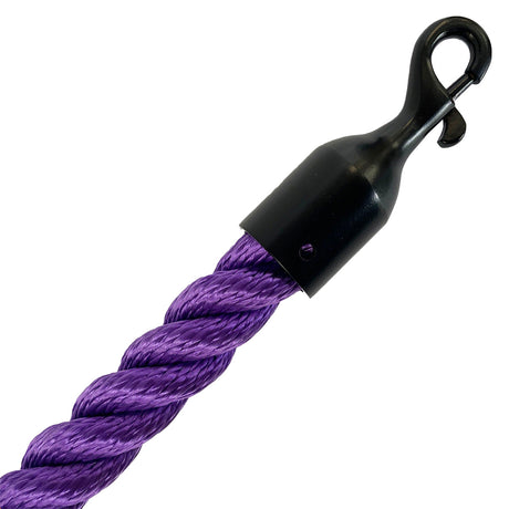 Purple rope with a black metal hook on a white background