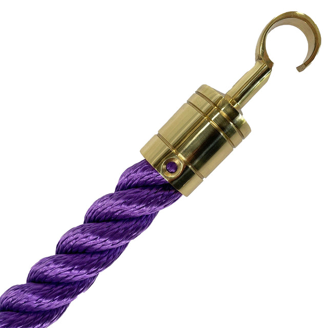 purple rope with a gold metal hook on a white background
