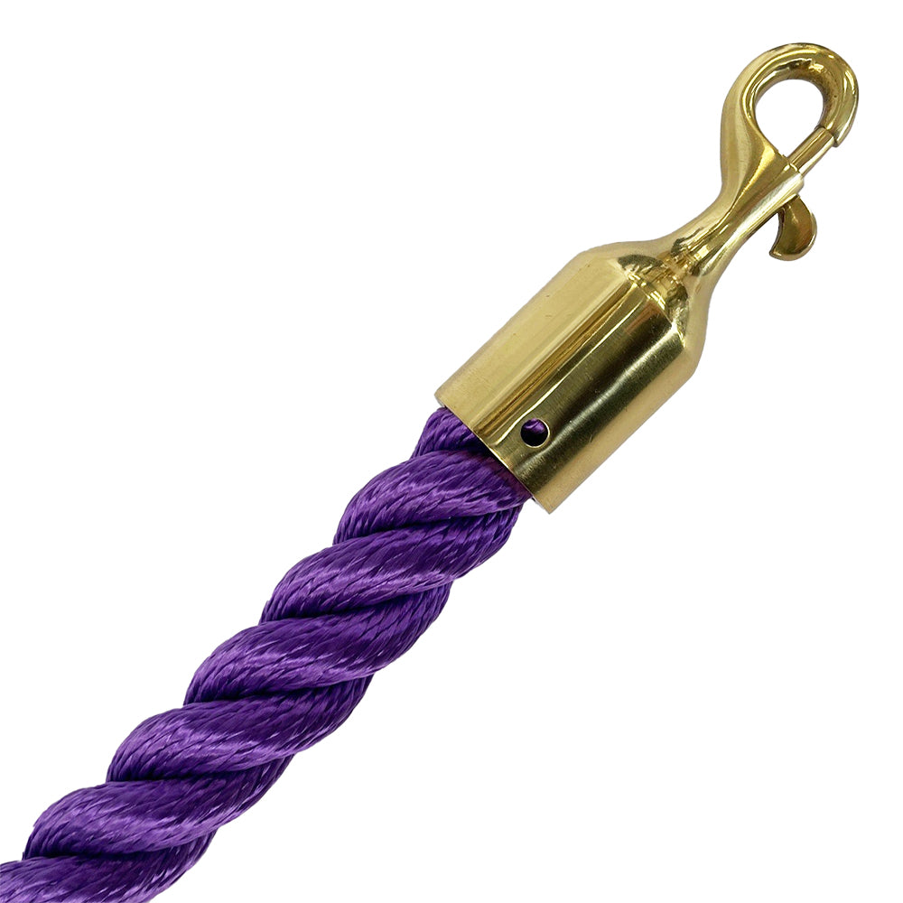 Purple rope with a brass hook on a white background