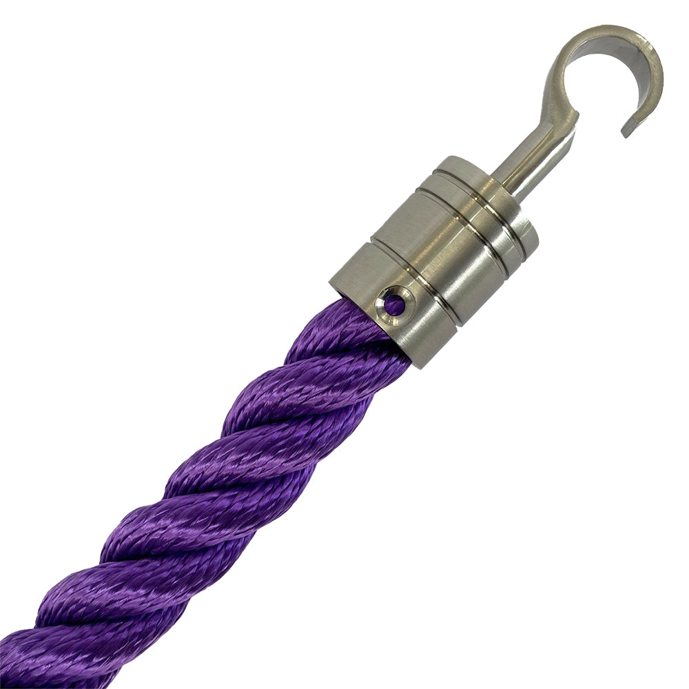 Purple rope with a silver metal hook on a white background