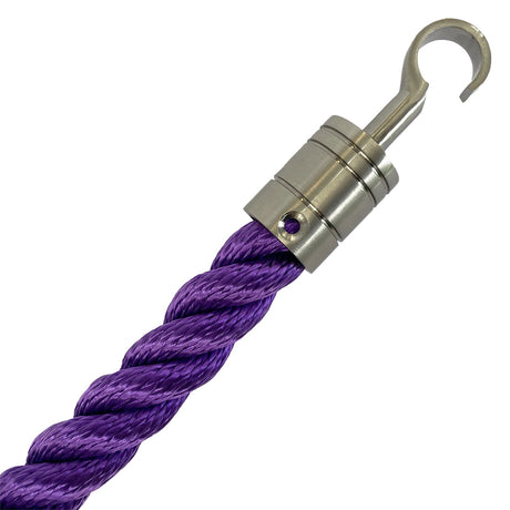 Purple rope with a silver metal hook on a white background