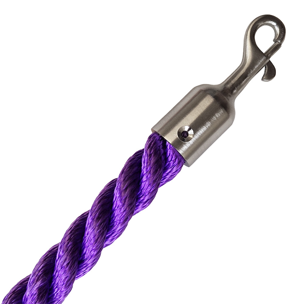 Purple rope with a metal clip on a white background