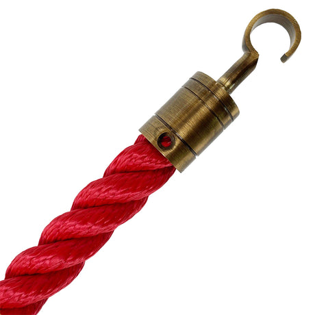 Red rope with a brass hook on a white background