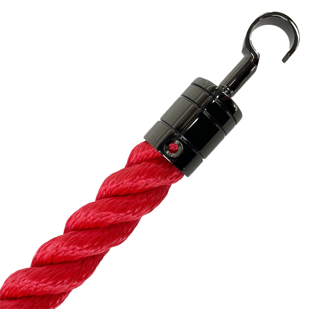 Red rope with a black metal hook on a white background