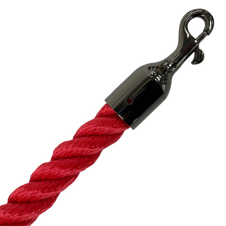 Red rope with a black metal clip on a white background