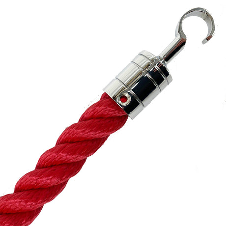 Red rope with a silver metal hook on a white background