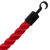 Red rope with a black metal hook on a white background