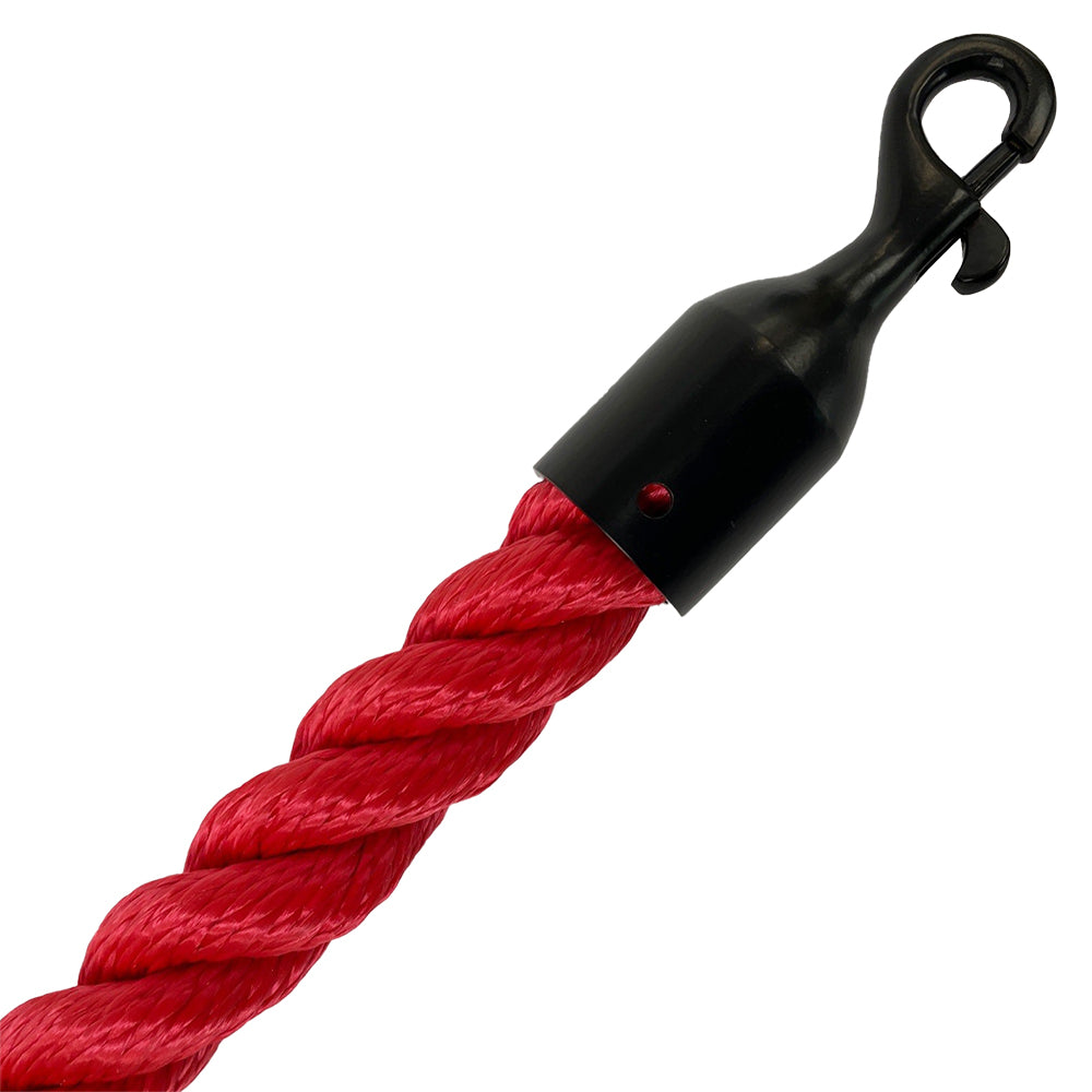 Red rope with a black metal hook on a white background