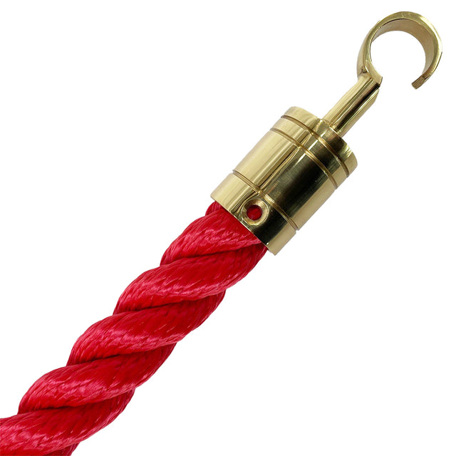 Red rope with a gold metal hook on a white background