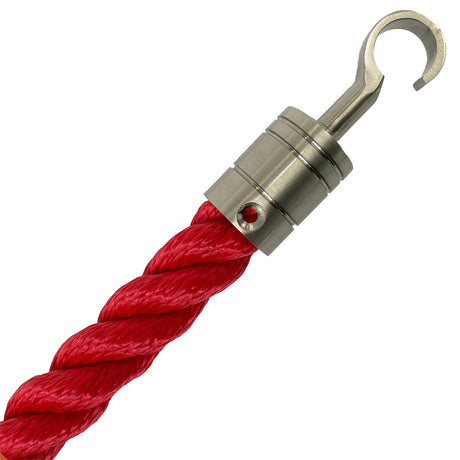 Red rope with a metal hook on a white background
