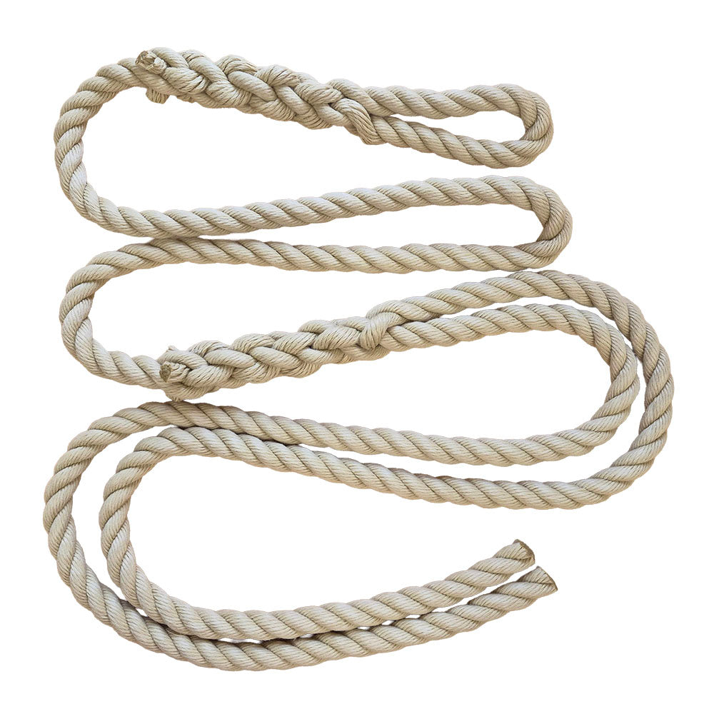 Coiled beige rope with splices on a white background