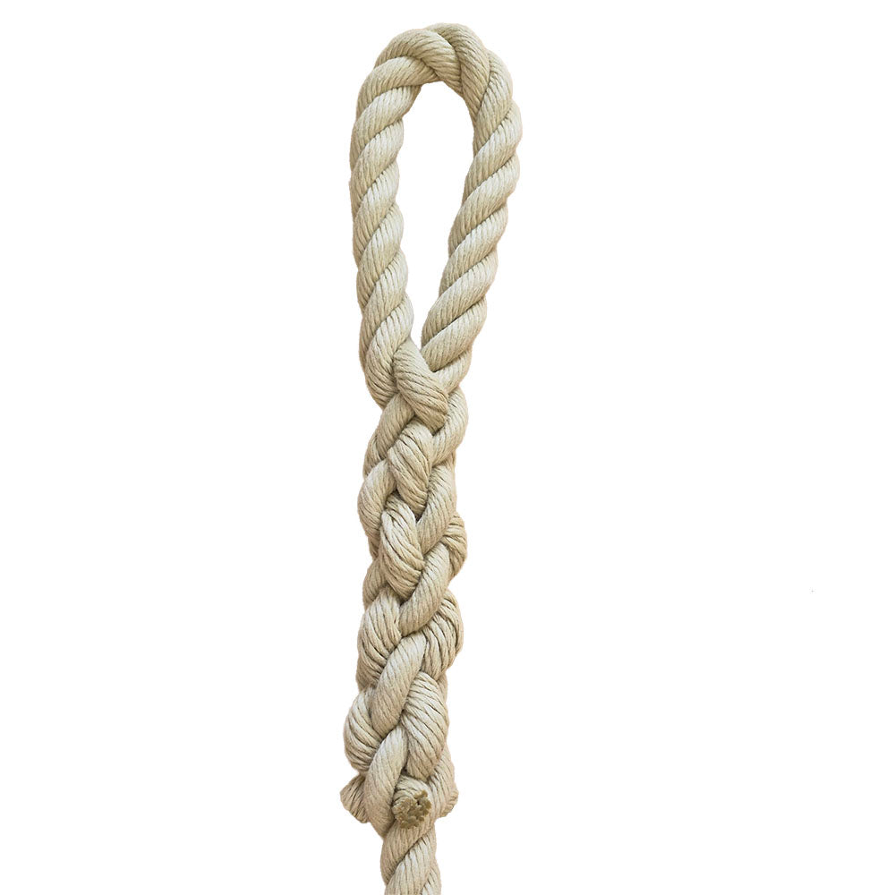 beige rope with an eye splice on a white background