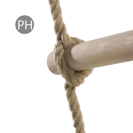 Close-up of a natural beige rope tied in a knot around a light wood pole, with a gray circular 'PH' logo in the top-left corner on a white background.