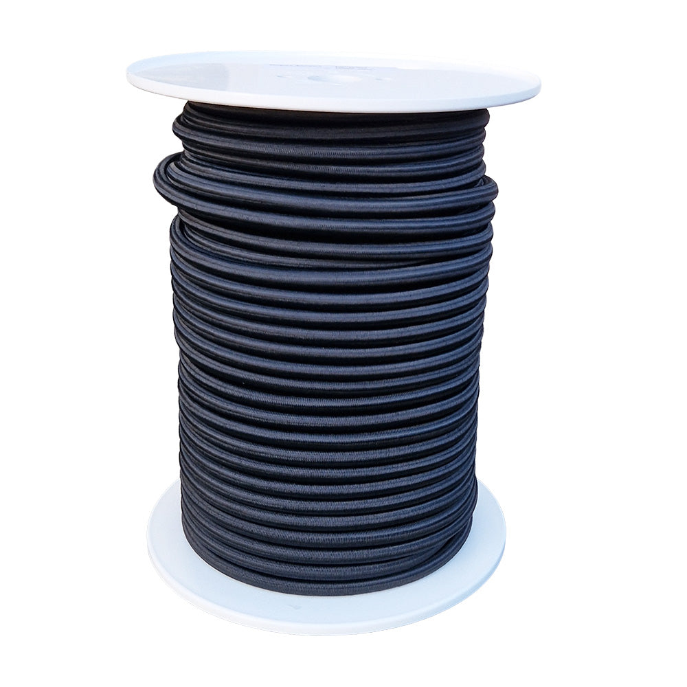 Spool of 12mm black bungee cord on a white reel with a white background