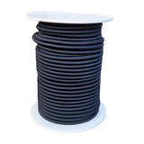 Spool of 12mm black bungee cord on a white reel with a white background