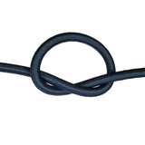 Black bungee cord with a knot on a white background