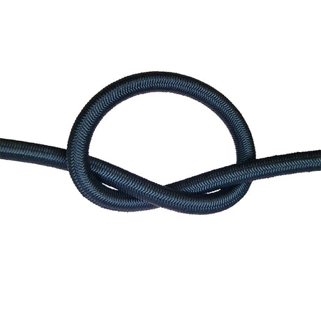 Black bungee cord with a knot on a white background