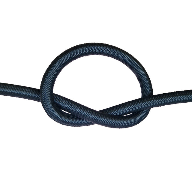 Black bungee cord with a knot on a white background
