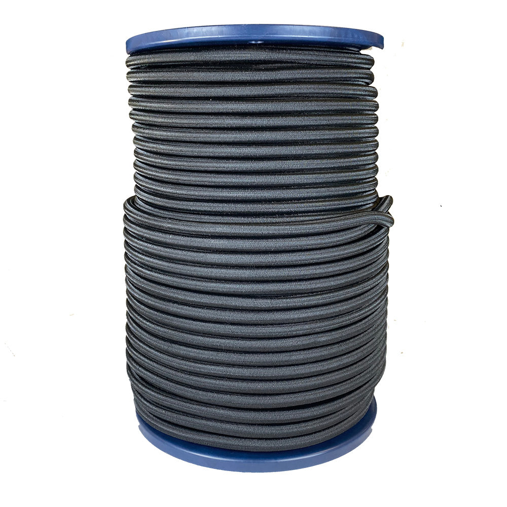 Spool of 10mm black bungee cord on a blue reel with a white background