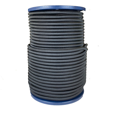 Spool of 10mm black bungee cord on a blue reel with a white background