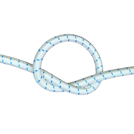 White with blue fleck bungee cord with a knot on a white background