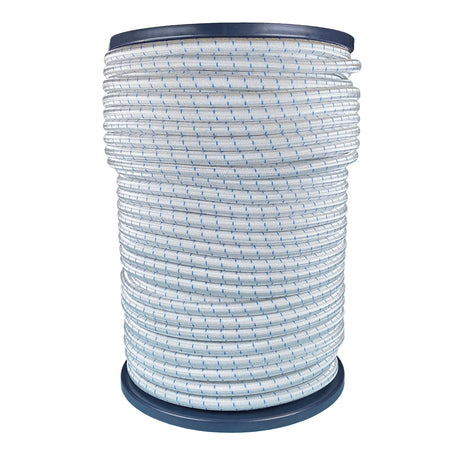 Spool of 10mm white bungee cord with a blue fleck on a blue reel against a white background