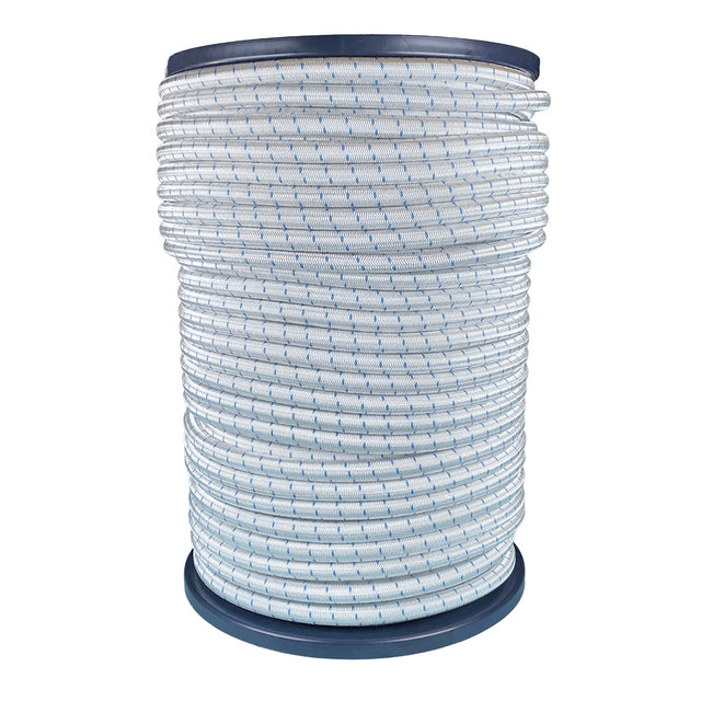 Spool of 10mm white bungee cord with a blue fleck on a blue reel against a white background