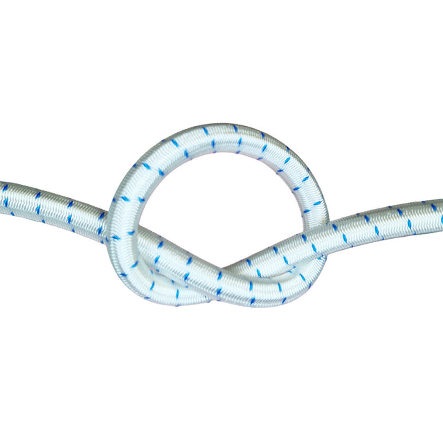 White with blue fleck bungee cord with a knot on a white background