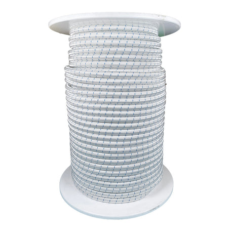 Spool of 12mm white bungee cord with a blue fleck on a white reel against a white background