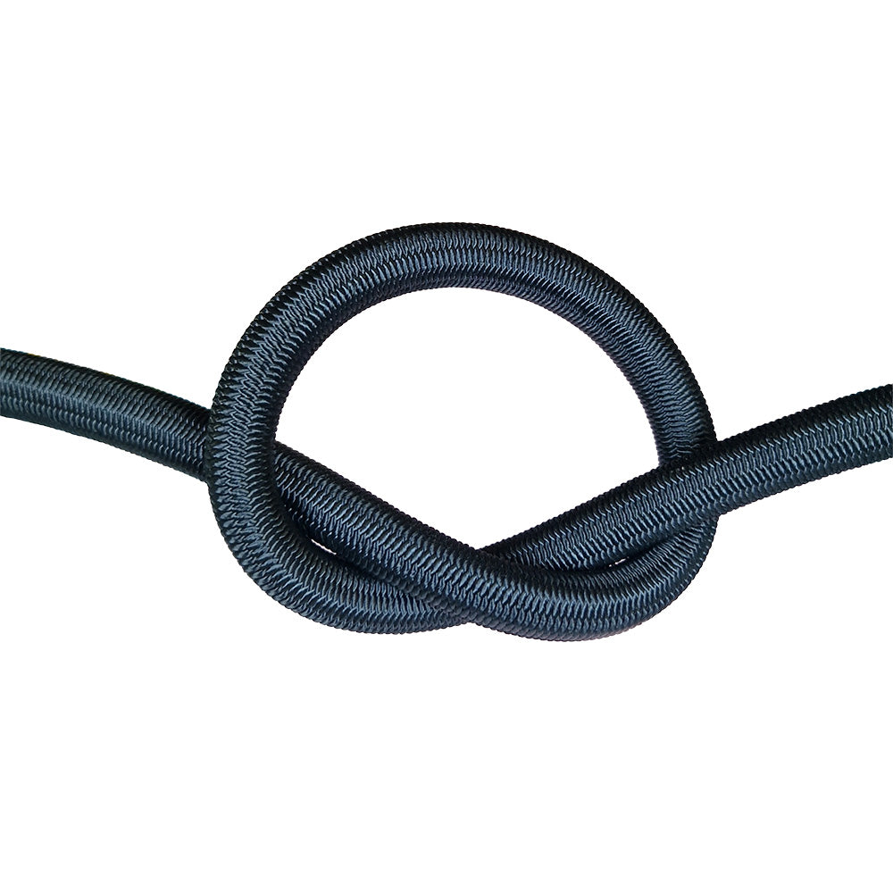 Black bungee cord with a knot on a white background