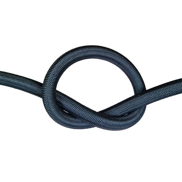 Black bungee cord with a knot on a white background