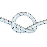 White with black fleck bungee cord with a knot on a white background