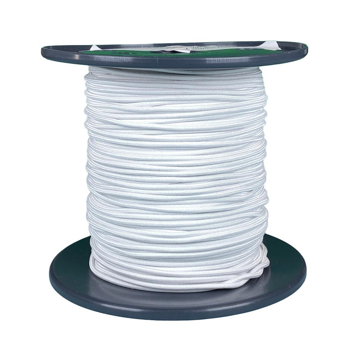 Spool of 3mm white bungee cord on a dark reel with a white background