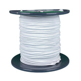 Spool of 3mm white bungee cord on a dark reel with a white background