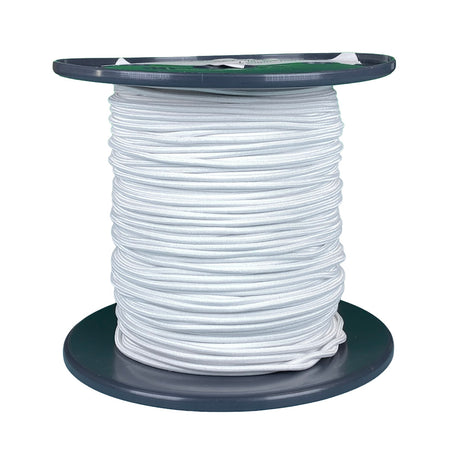 Spool of 3mm white bungee cord on a dark reel with a white background