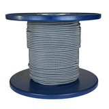 Spool of grey shock cord on a blue plastic reel with a white background