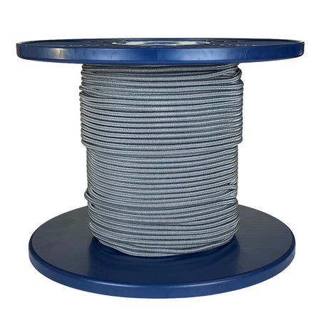 Spool of grey shock cord on a blue plastic reel with a white background