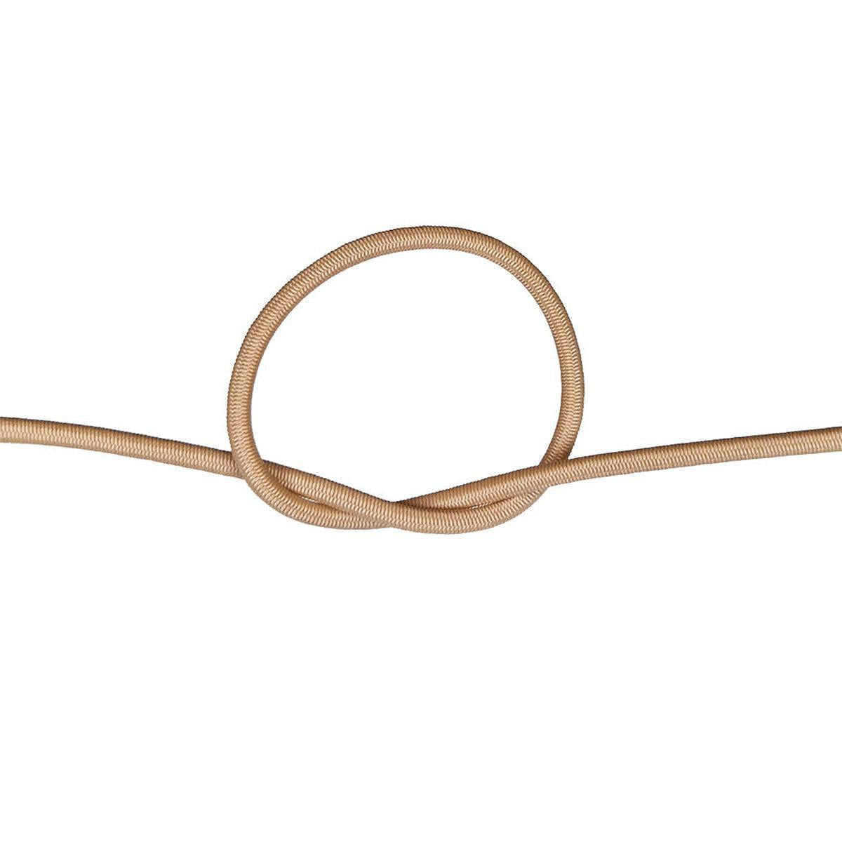 Close-up of beige bungee cord in a knot on a white background