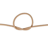 Close-up of beige bungee cord in a knot on a white background