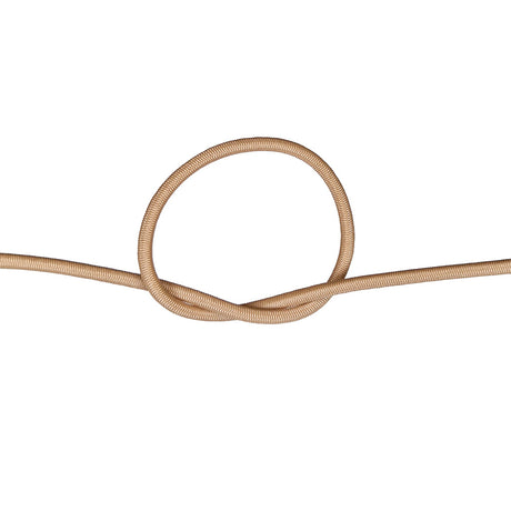 Close-up of beige bungee cord in a knot on a white background